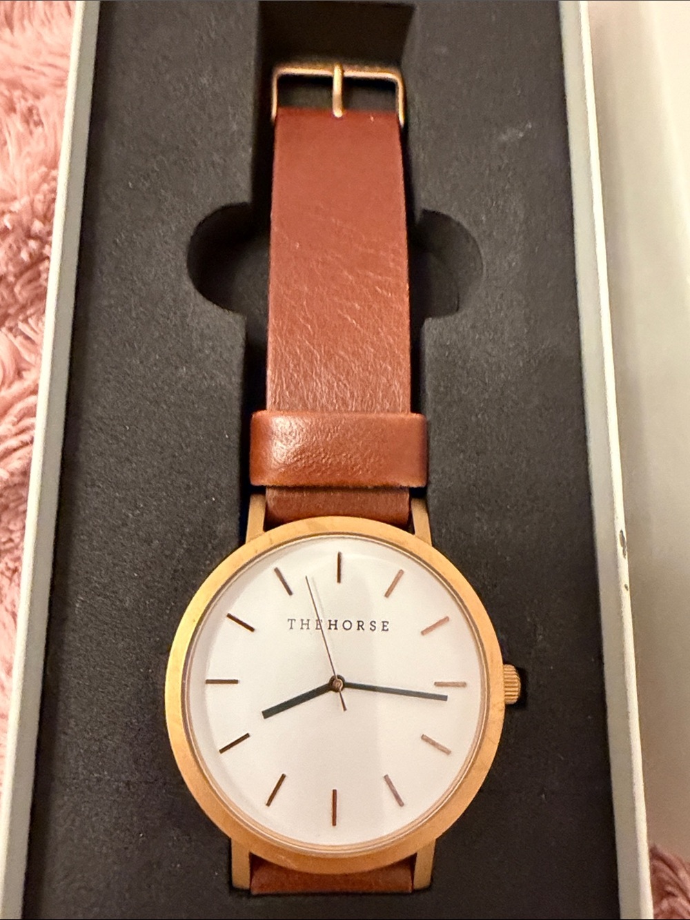 The Horse Brown Leather Strap Watch with Rose Gold Case and White Dial